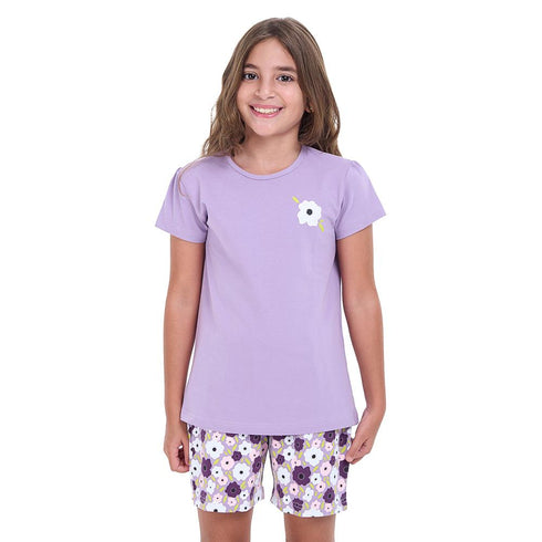 Girls summer pajama set Lilac t-shirt + Floral shorts